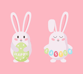 Cute cartoon easter bunnies with colored eggs. Happy easter day card