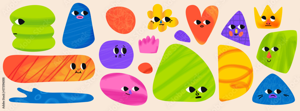 Aufkleber Trendy geometric shapes with faces. Soft gradients and textures. Triangle and heart and crown shapes. Pastel pencil and marker texture. Vector collection of pack elements