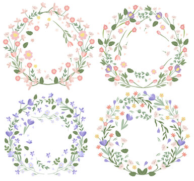 A collection of bright, creative, blooming wreaths in pastel colors. Color wreaths are perfect for banners, posters, birthdays, weddings and more. Vector graphics.