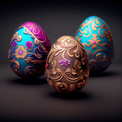 easter eggs with patterns on black background, Generative Ai