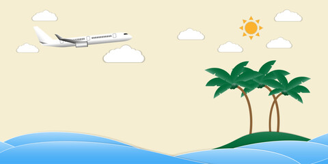 Fototapeta na wymiar White airplane taking off in the air with cloud on yellow background with coconut trees on island , vector illustration ,Booking online Business travel holiday summer Concept