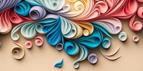 Floral quilling paper wavy background. Curls and rolls from pastel colored paper. Abstract background.