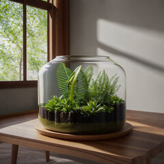 A large terrarium on a wooden table. Generative AI