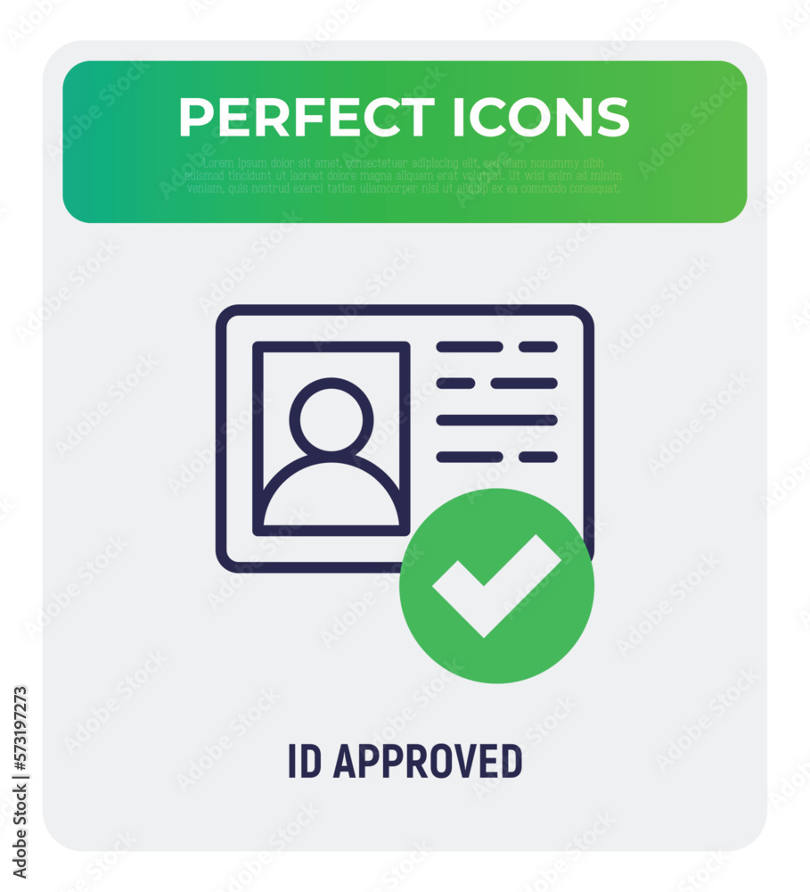 Poster id approved thin line icon. id card with check mark. authentication, membership. modern vector illus