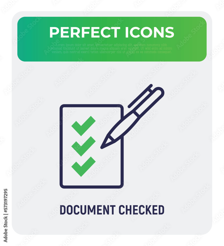 Aufkleber document checked thin line icon: paper sheet with check marks and pen. modern vector illustration.