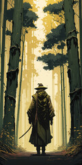 phone wallpaper of a samurai walking in the giant bamboo forest illustration
