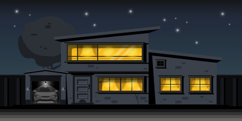 Cartoon scene resident family housing at night with personal car in garage, Digital marketing illustration.