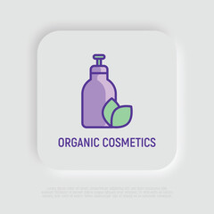 Organic cosmetics thin line icon: glass bottle with dispenser and leaf sign. Natural skin care. Modern vector illustration for beauty shop.