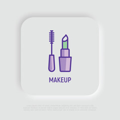 Makeup thin line icon: mascara and lipstick. Logo for makeup artist. Modern vector illustration.