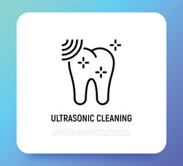 Ultrasonic cleaning thin line icon. Dental hygiene. Shining tooth. Vector illustration.