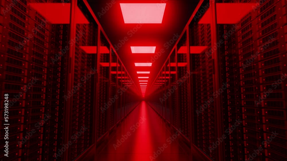 Aufkleber hacked servers racks in database illuminated with red lights