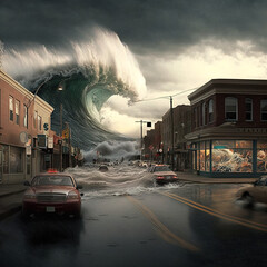 Tsunami wave apocalyptic water view urban flood Storm. Generative Ai