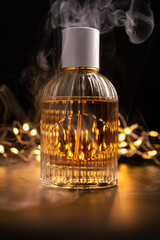 Presentation of perfume product with smoke and lights. Beauty concept