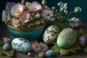 Obraz na płótnie Canvas Easter Eggs and Flowers, Generative AI