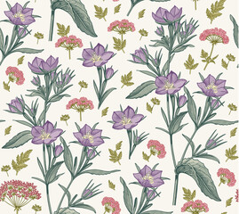 Seamless pattern. Bluebells, Hemlock tree wildflowers. Beautiful blooming realistic isolated flowers Vintage background fabric Wallpaper baroque. Drawing engraving sketch Vector victorian illustration