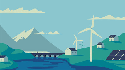 Renewable energy power concept. Environment friendly industry. Wind electricity generators, solar panels and electric train in nature landscape. Flat vector illustration EPS10 © cas.tula