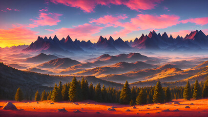 Fototapeta na wymiar Beautiful mountains and a sunset landscape background with generative AI.