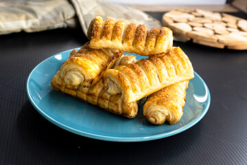 puff pastry with jam on black background.food concept. diet. bakery