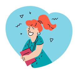 Happy young girl with a book. Vector colored doodle illustration.