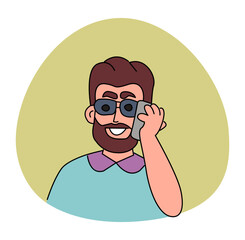 A young man with a beard and glasses is talking on the phone. Vector colored doodle portrait.