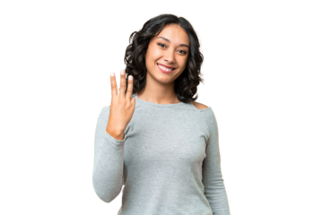 Young Argentinian woman over isolated background happy and counting three with fingers