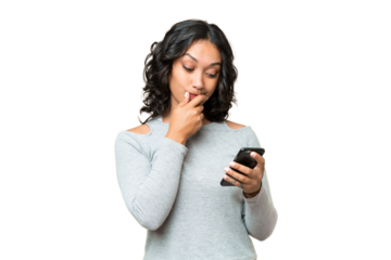 Young Argentinian woman over isolated background thinking and sending a message