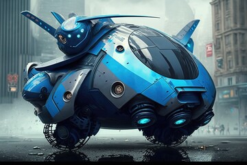 Future of Aerial Police vehicle, Air police unit in futuristic city, UAM urban air mobility, Autonomus Aerial Vehicle AAV. Generative AI.