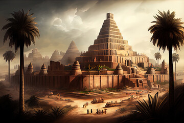 Ancient city of Babylon with the tower of Babel, bible and religion, new testament, speech in different languages,Illustration, Tower, Palm Tree. Generative AI technology