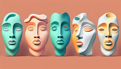 flat 3d people masks avatar faces bust set of Different men and women characters collection Isolated new quality universal colorful joyful stock image illustration wallpaper design, generative ai