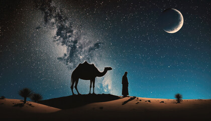 Person with camel in the desert at night, crescent moon on blue starry sky. Ramadan concept. AI generative