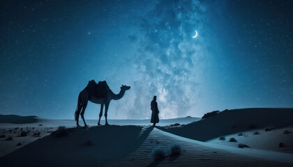 Fototapeta premium Person with camel in the desert at night, crescent moon on blue starry sky. Ramadan concept. AI generative