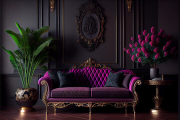 Luxury living room in dark color with pink sofa. glamorous living room interior. High quality ai generated illustration.