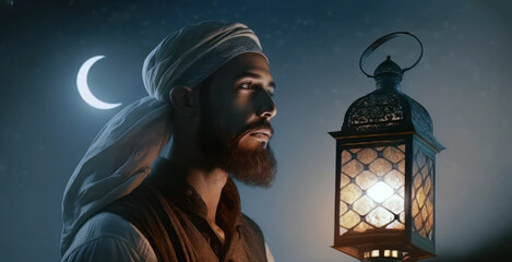 Muslim man and arabic lantern, crescent moon on dark sky, Ramadan background. Generative AI