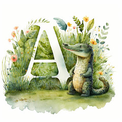 Cute Aligator and the Letter A: Exploring Nature and Learning the Alphabet, watercolor illustration kids AI Generative