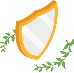 Protection concept icon isometric vector. Shiny triangular shield, green branch. Safety, guarantee
