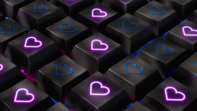 Keyboard keys with heart signs. Neon hearts vj loop background. 3d animation.