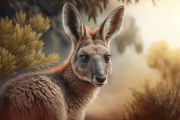Fototapeta premium Female kangaroo closeup face, forest sight , blur, 4K, Animal Wallpaper, wildlife Background,AI