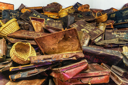 Pile of suitcases taken from prisoners at Auschwitz I Nazi concentration camp