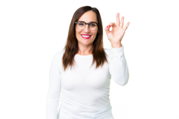Middle age woman over isolated chroma key background showing ok sign with fingers