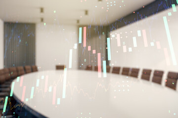 Multi exposure of abstract virtual financial graph hologram on a modern conference room background, forex and investment concept