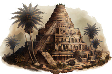 Ancient city of Babylon with the tower of Babel, bible and religion, new testament, speech in different languages,Illustration, Tower, Palm Tree. White background, Generative AI technology - obrazy, fototapety, plakaty