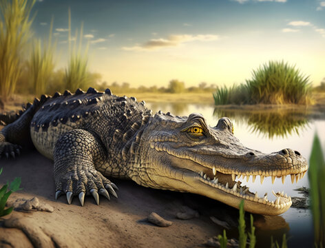 crocodile in the water a close up pose to enjoys nature, bright sky, day hunt, Safe Atmosphere, HQ landscape, ultra photoreal, ultra-detailed, cinematic lighting, blur, 4K, Anima