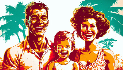 dusty retro risoprint style illustration of happy family on tropical island new quality creative travel stock image illustration design, Generative AI
