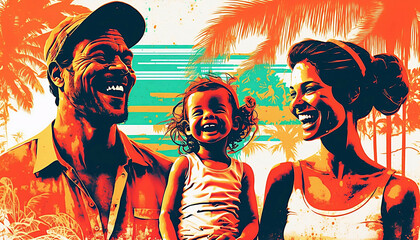 dusty retro risoprint style illustration of happy family on tropical island new quality creative travel stock image illustration design, Generative AI