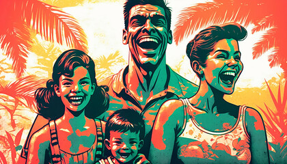 dusty retro risoprint style illustration of happy family on tropical island new quality creative travel stock image illustration design, Generative AI