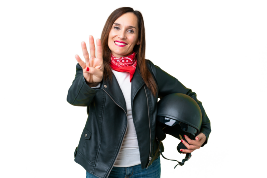Middle age caucasian woman with a motorcycle helmet over isolated chroma key background happy and counting four with fingers