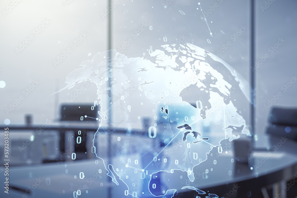 Poster double exposure of abstract creative programming illustration and world map on a modern boardroom ba