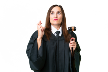Judge caucasian woman  over isolated background with fingers crossing and wishing the best