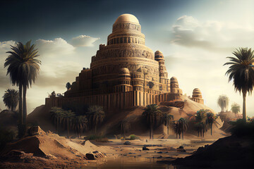 Ancient city of Babylon with the tower of Babel, bible and religion, new testament, speech in different languages,Illustration, Tower, Palm Tree. Generative AI technology