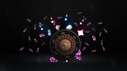 Casino Roulette wheel with black playing cards with glowing neon lights and chips in dark scene